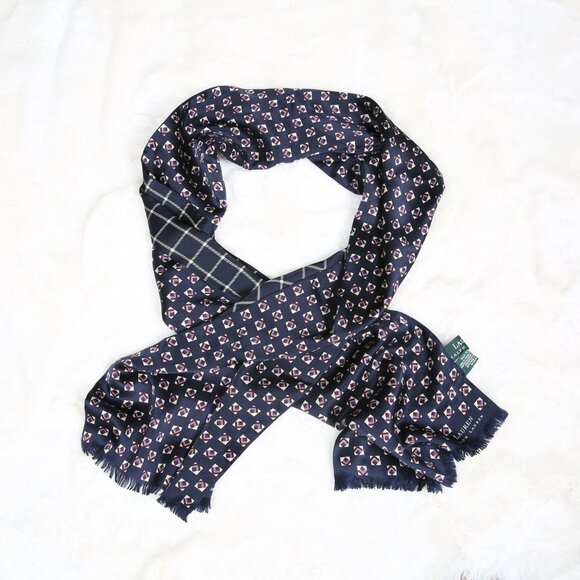 LAUREN RALPH LAUREN 100% Silk Navy Blue Foulard Print Scarf - Reversible Motif - Picture 6 of 10